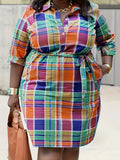 Casual Plaid Print Patchwork Lapel Shirt Dress Plus Size Dress